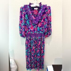 SUSAN FREIS | Vintage 80s Purple Pink Floral Ruffled Pleated Midi Dress | Medium